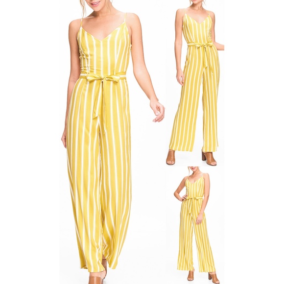 Yellow Cream Striped Wide Leg Cami V Neck Jumpsuit - Picture 6 of 7